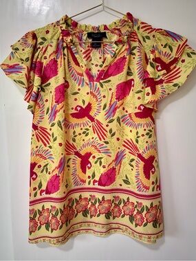 Rachel Zoe| Yellow Blouse w/Red, Green & Blue Parrot Floral Print Sz S